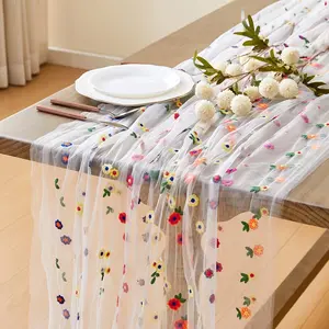 Extra Long Tulle Tablecloth - 30x180cm/70x300cm Elegant Floral Wedding Table Runner with Daisy Flowers, Pastel Colors