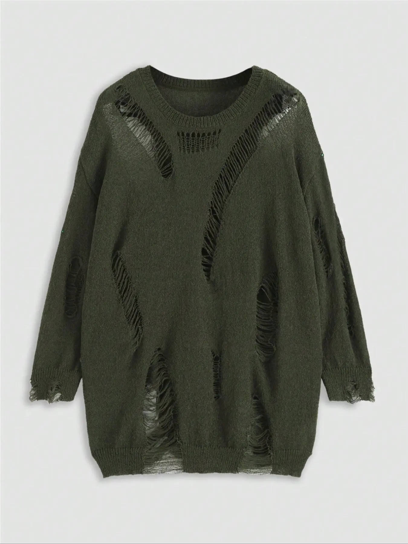 Plus Size Casual Spring & Fall Solid Color Ripped Sweater, Women's Fashion Knitwear, Comfortable Long Sleeve Pullover, Tops, Womenswear
