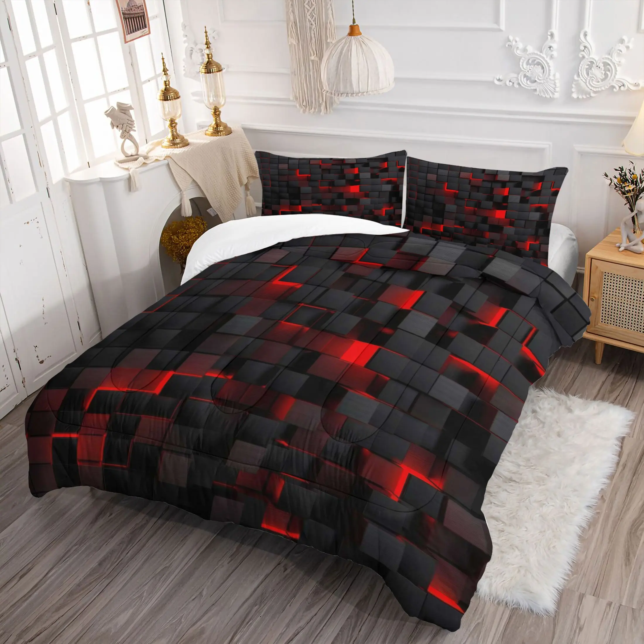 Modern Cyberpunk Comforter Sets,Includes 1 Comforter & 1-2 Pillowcases,3D Red Black Grid Print Bedding Sets,Soft Durable Bedroom Bedding Set for Game Room,Man Cave & Dorm Decor,Trendy Gift for Teen Boys & Men, Checkered Bedding Set