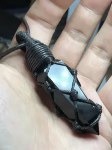Vintage Natural Obsidian Crystal Pendulum Necklace, Handmade Geometric Healing Crystals, Adjustable Woven Rope, Daily Wear Jewelry