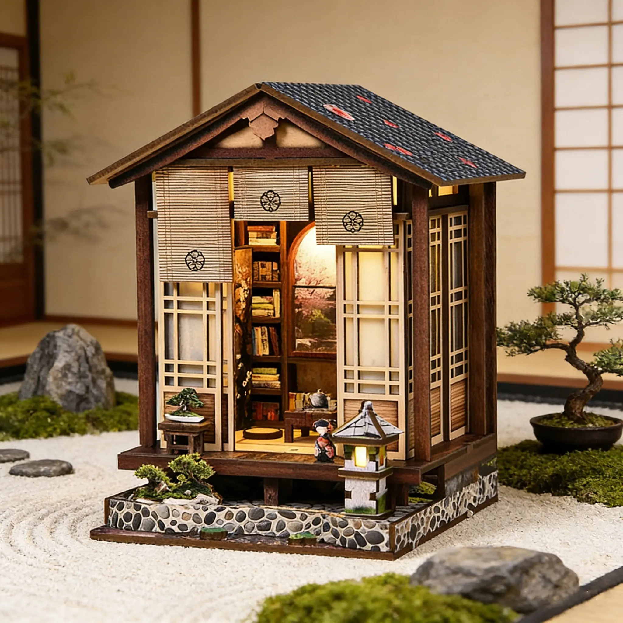 Adult & Teen DIY Mini Home Kit, Wooden House Kit Adults, Booknook Japanese Dollhouse Set, 3D Wooden Puzzle Shelf Decoration, Miniature Set, Gift for Family and Friends