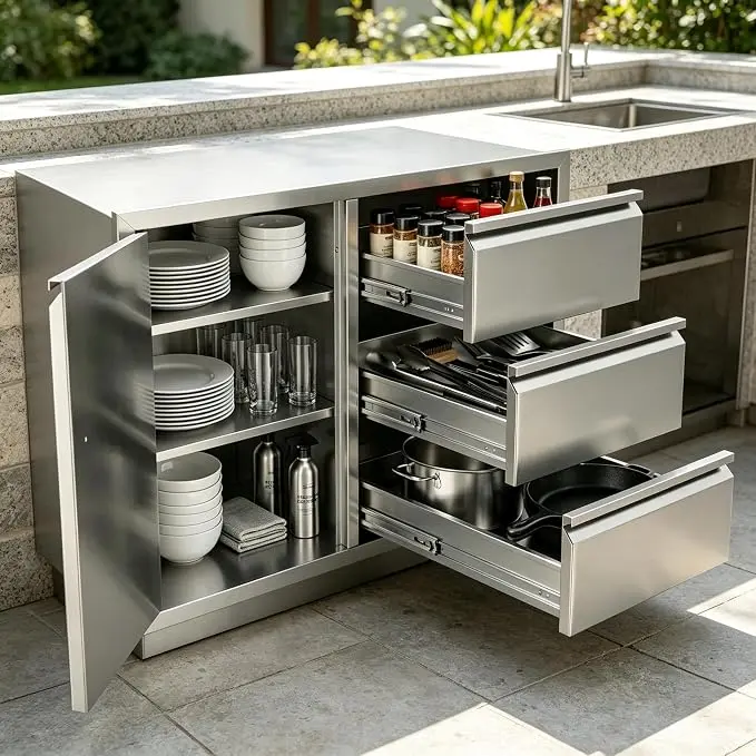 Outdoor Kitchen Cabinet Drawers, 304 Stainless Steel BBQ Island Storage Cabinet with 3-Tier Enclosed Drawers & Door for Patio Grill Station