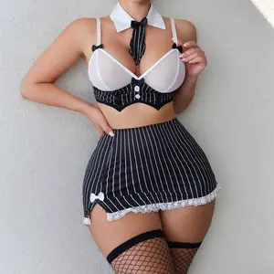 Sexy Secretary Lingerie Set | Black White Striped Uniform Outfit