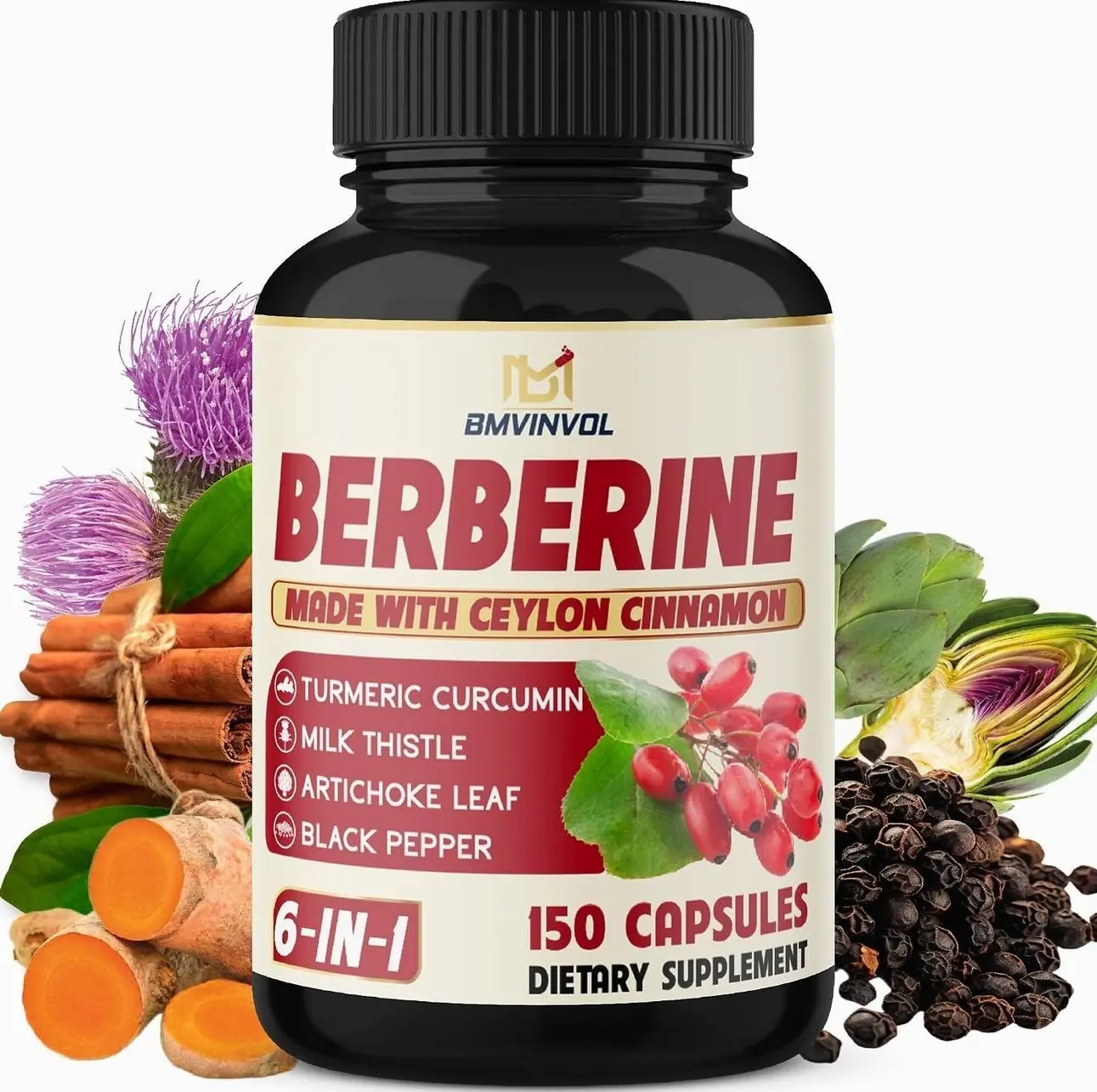Berberine with Ceylon Cinnamon, Turmeric, Milk Thistle, Artichoke, Black Pepper - 150 Count - Pack of 1