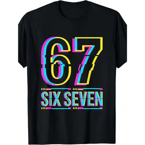 Women's Neon 67 Number Meme T-Shirt 6 & 7 Print Short Sleeve Crew Neck Tee with 6977 Text Comfort Fit Casual Shirt for Parties 80s Retro Style Black Top Womenswear Geometric Streetwear Fitted