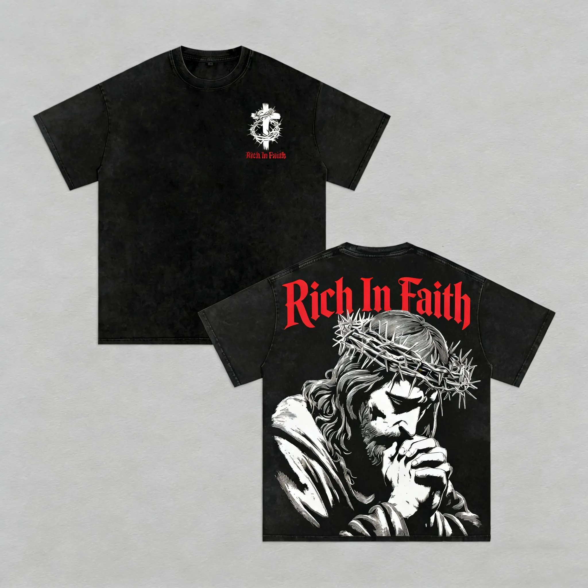 Rich In Faith - Jesus Pray T-Shirt Washed T-shirt Washed, Bible Verse Hoodie, Sweatshirts, Jesus Hoodie, Church Outfit Unisex Oversized Graphic Tee For Men and Women Aesthetic Clothes silky  graphic  tees jesus  shirts