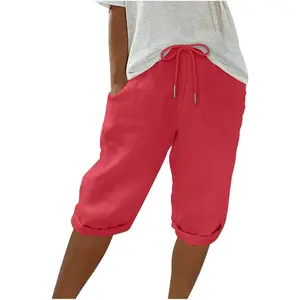 Womens Bermuda Shorts Cotton Linen Knee Length Elastic Waist Drawstring Capris Loose Beach Shorts with Pockets