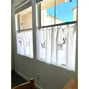 29" w x 28" L White Tea Towel Cafe Curtains with Center Pocket (set of two panels with 10 black rings included)