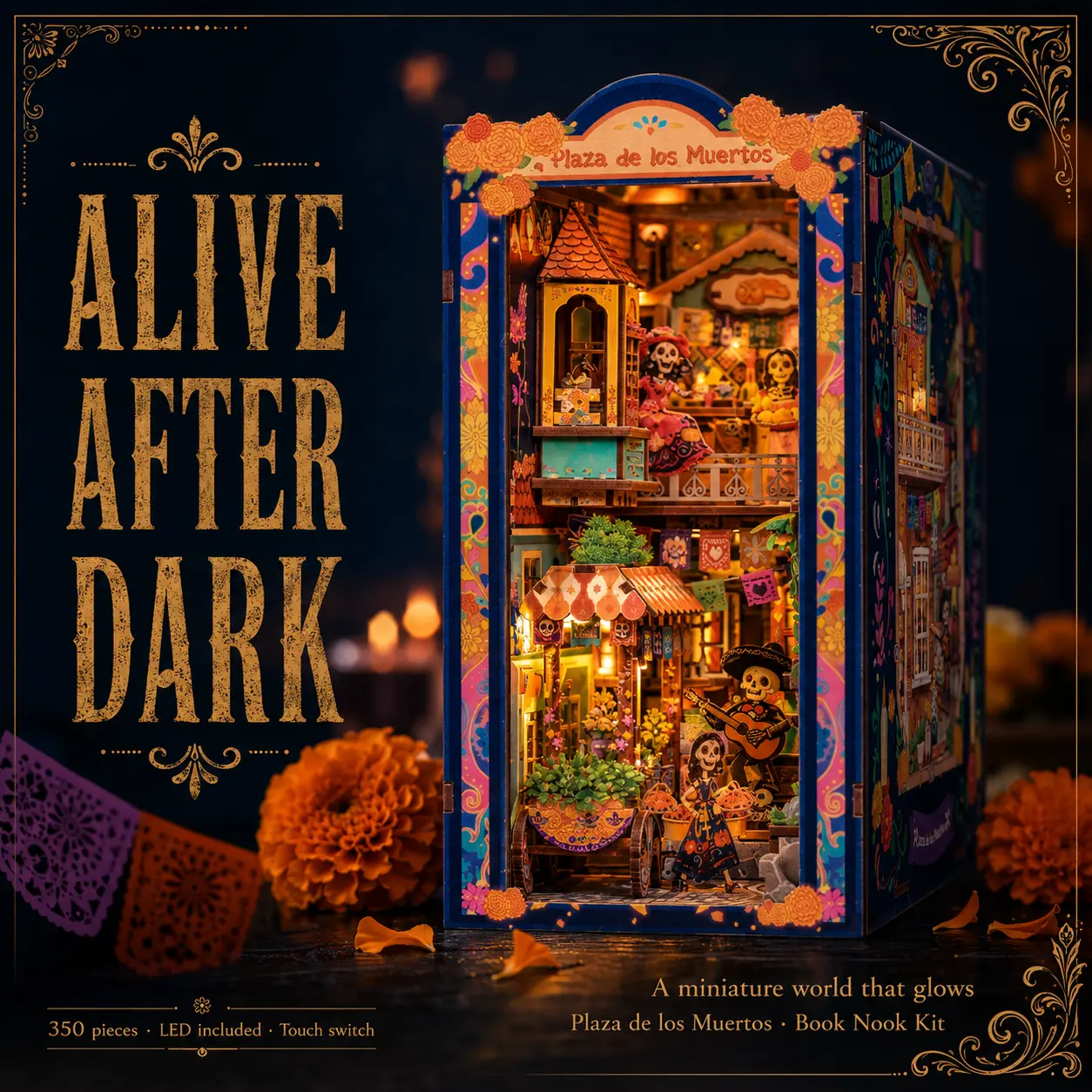 CUTEBEE Book Nook Kit - Day of the Dead DIY Miniature Dollhouse, Plaza de los Muertos 3D Wooden Art Puzzles Gift, Bookshelf Insert House Decoration with LED Light & Dust Cover, Collectibles for Ages 12+ Miniature Art, Wooden Pieces