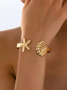 Ocean Theme Stainless Steel Starfish and Shell Bracelet, Adjustable Open Ring, Perfect for Daily Wear, Stylish Accessory