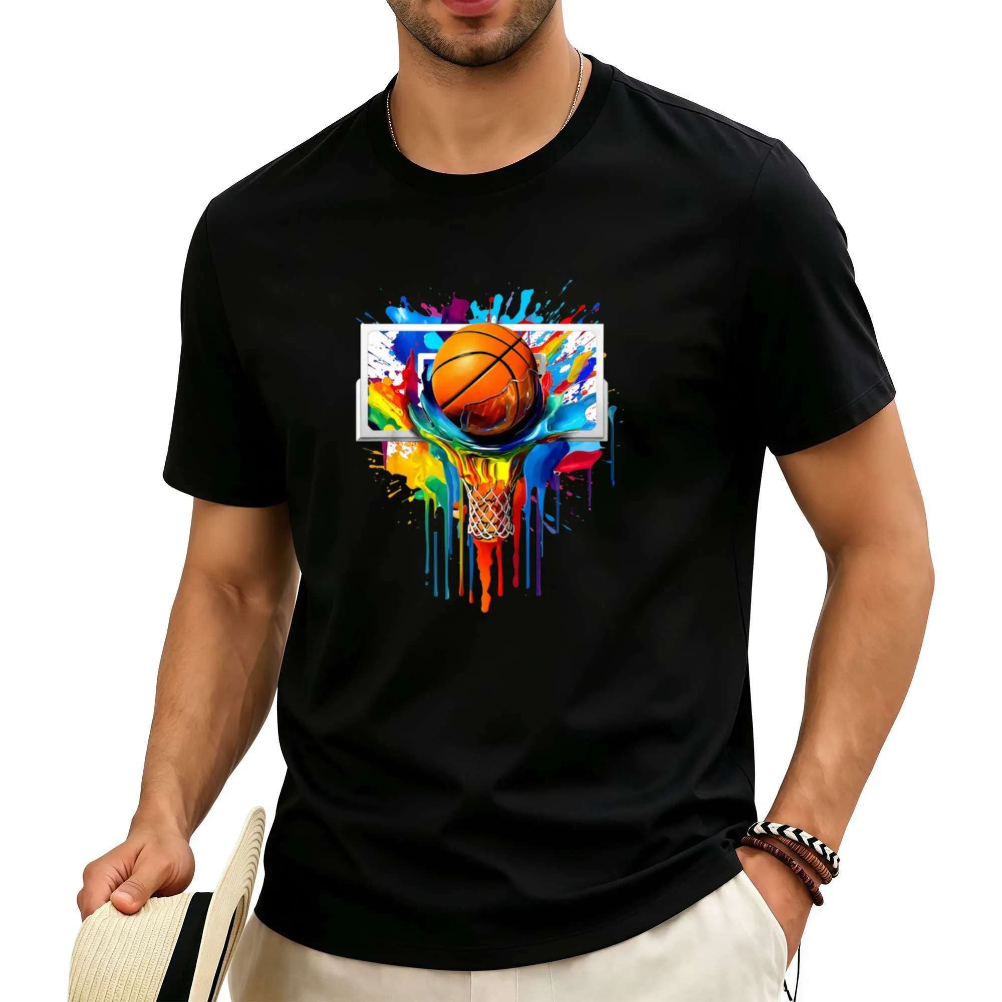 Men's Basketball Dunk Tie-Dye Splash Print Cotton Tee - Black Casual Round Neck, Machine Washable, Summer Fashion Statement Menswear T-Shirt
