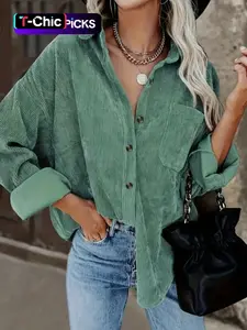 Women's Corduroy Button Shirt With Pocket, Long Sleeve Loose Drop Shoulder Style For Spring & Fall