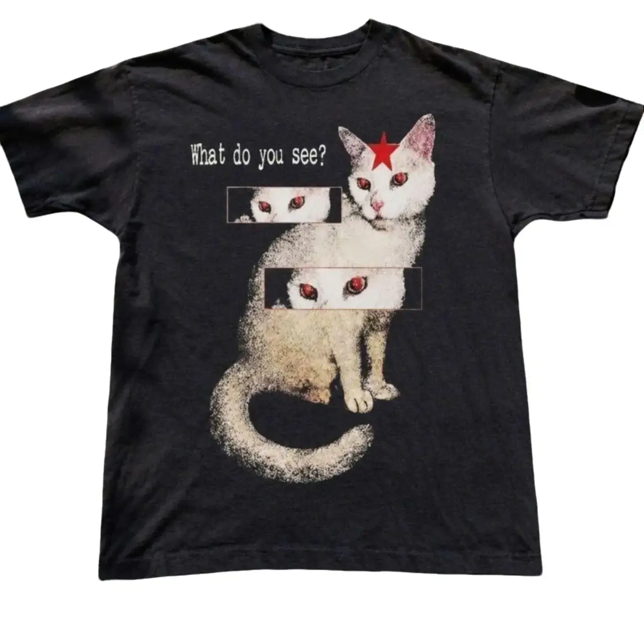 Vintage White Cat Graphic T-Shirt, Red Star Kitty Tee, Retro Aesthetic, Cute Gothic Streetwear