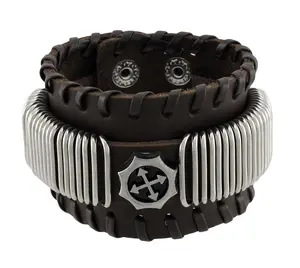 Brown Leather Wristband with Chrome Rings Faux Compass Center