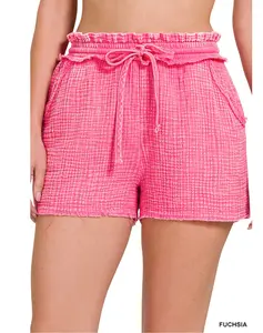 Acid Washed Gauze Shorts in Fuchsia