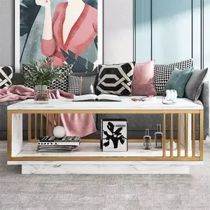 Modern White Coffee Table with Gold Finish, Marble Veneer, Rectangle Design, High Gloss Finish, Ideal for Living Room Use