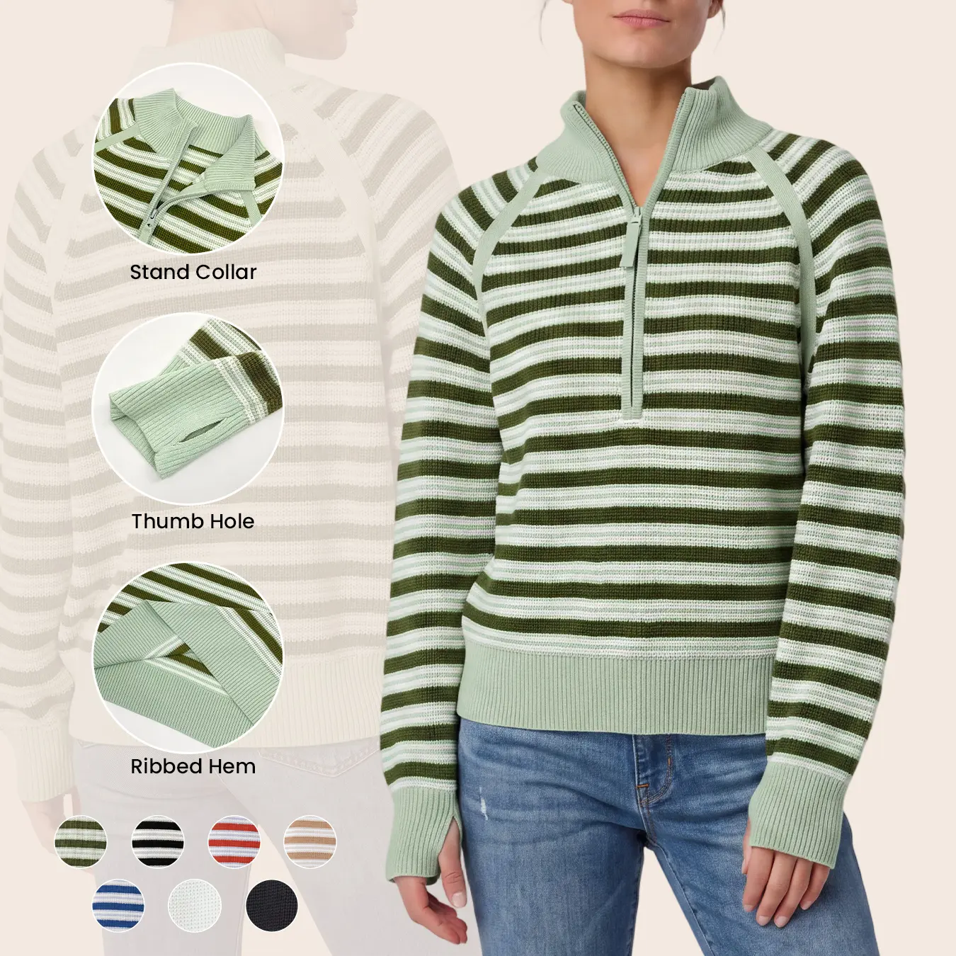Aswulk Women's Striped Waffle Knit Half Zip Pullover Long Sleeve Thumb Hole Casual Athleisure Sweater