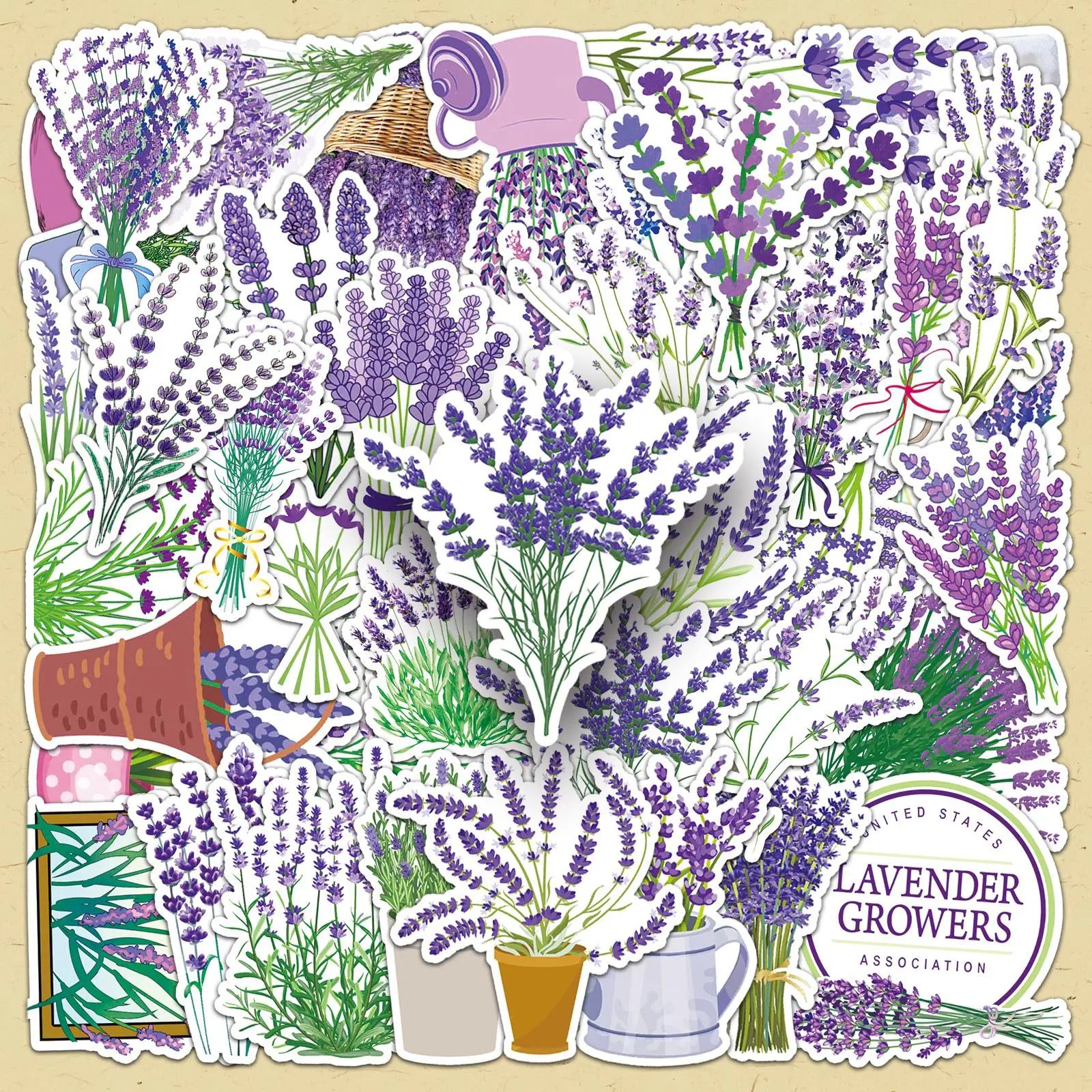 Lavender Pattern Sticker, 50pcs/set Cartoon Creative Graffiti Decorative Sticker, DIY Decorative Sticker for Scrapbooking & Journal Making