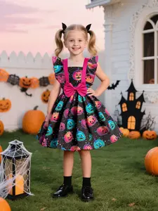 （ Only dress ）Girls' Halloween Pumpkin Costume Dress Kids Bow Princess Party Floral Fitted Role Play Ball Gown for All Seasons