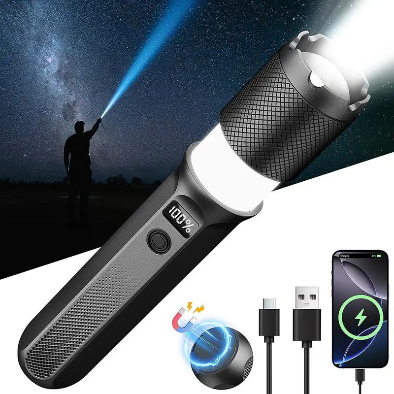 Rechargeable LED Flashlight with Side COB Light, Digital Power Display, Zoomable Ultra Bright Tactical Torch, Magnetic Base USB C Charging Emergency Flashlight for Camping Hiking Outdoor