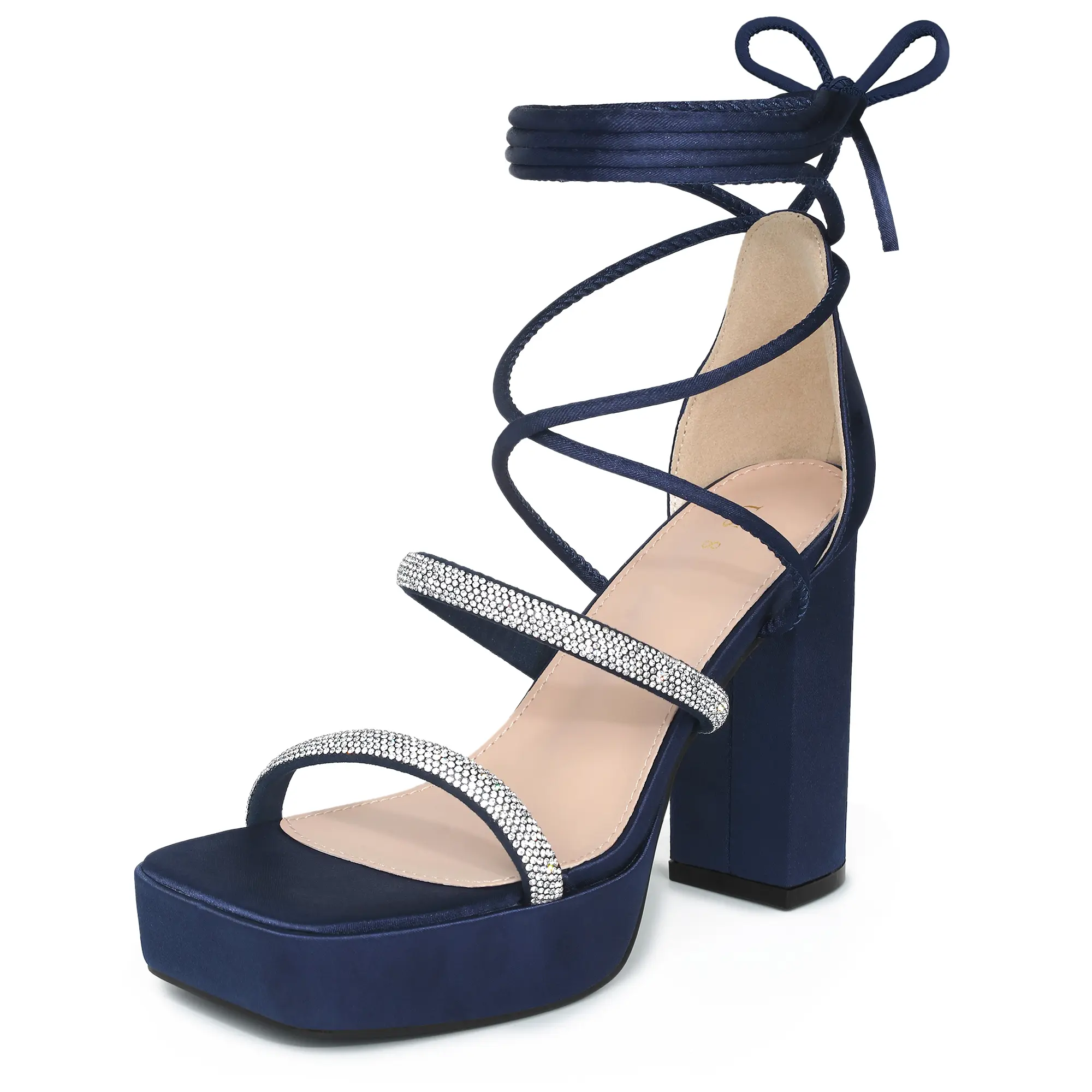 BLISSFUL STEP Rhinestone Platform Lace Up Chunky Heel Heels Sandals for Women