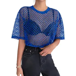 Womens Mesh T Shirts Short Sleeve Casual Tops Hollow Out Pullover Shirts Crewneck Sexy Fishnet Crop Tee S-XXL