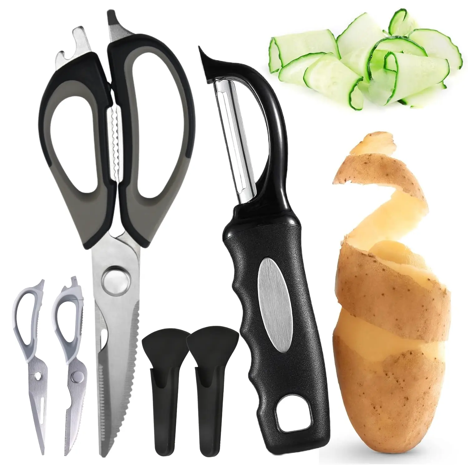 Multifunctional Detachable Stainless Steel Kitchen Scissors with Magnetic Holder, Sharp Shears for Meat, Vegetables, Fruit & BBQ, Bonus Swivel Vegetable Peeler with Soft Grip Handle, Ultra Sharp Blade for Potatoes, Apples, Carrots & Other Produce