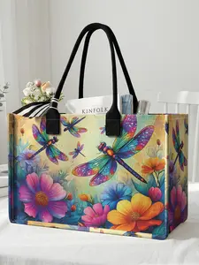 1 piece of 2D printed large-capacity storage bag with colorful dragonfly and flowers pattern, sturdy handle, space-saving multi-purpose, suitable for use at school, on business trips, and shopping, Reusable Grocery Bag, Reusable Shopping Bags