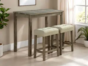 Modern Transitional Brown Dining Table w 2x Stools Biscuit-Tufted Seat Cushion Chair 3pc Dining Set