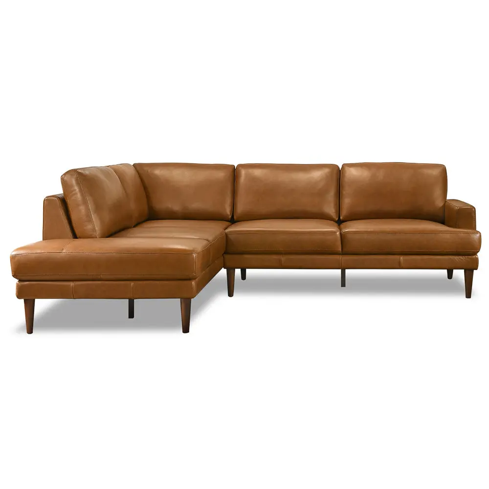 Genuine Leather Left-Facing L-Shape Half Corner Sectional Sofa Set, Cognac Tan Harmony Design with Deep Cushions, Multiple Seats, Solid Wood Frame