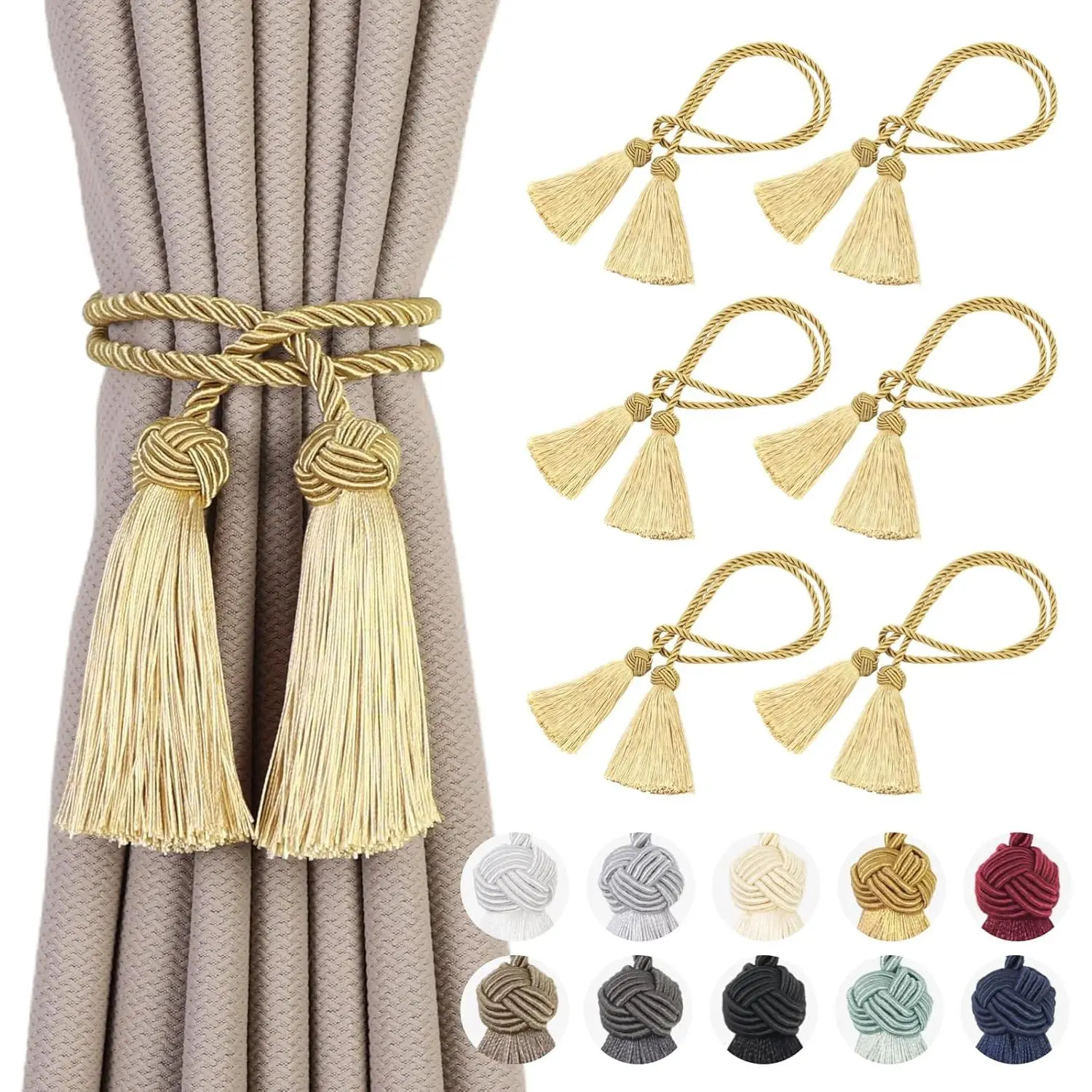 6 Pack Curtain Tiebacks Curtains Tie  with Tassels- Curtain Holdbacks Tassel Decorative Rope for Towel Bedroom Bathroom Kitchen Home and Office Thin or Sheer Window Drapes Decor-Gold