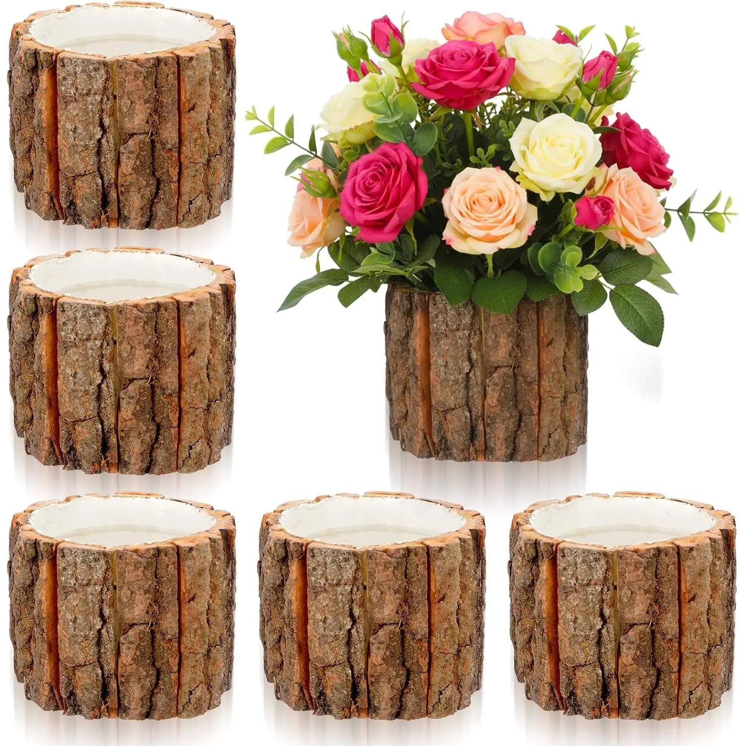 6-Piece Rustic Wooden Vase Set with Natural Finish, Bark Stump Buckets Vintage Planter Pots for Wedding Centerpieces, Home Decoration, Flowers Display, Natural Finish Vases