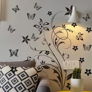 A (30*60cm) black simple line flower and butterfly flat Decorative wall sticker for Living Room home decoration and beautification, MS7270, Decorative Stickers