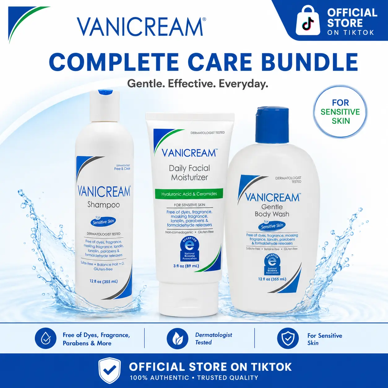 Vanicream Shampoo, Daily Facial Moisturizer and Gentle Body Wash-Complete Care Bundle