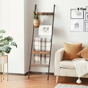 5 Tier Blanket Ladder with Hooks - Farmhouse Wooden Towel & Quilt Rack