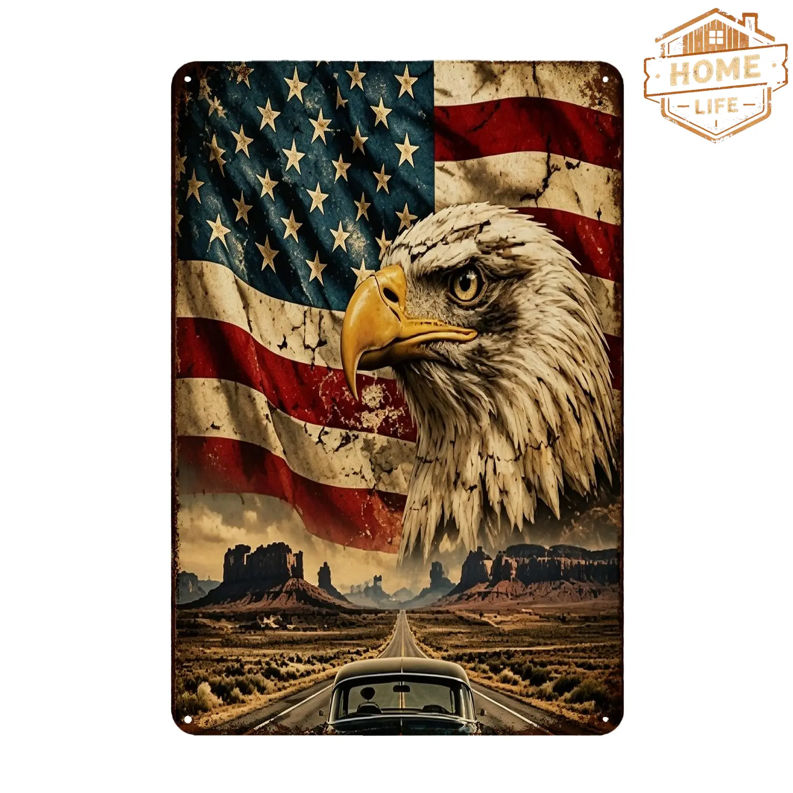 Retro Wild West Open Road Bald Eagle Distressed US Flag Metal Tin Sign, 8x12 Inch Rustproof Galvanized Tin Poster, Vintage Patriotic Wall Decor for Garage & Cabin