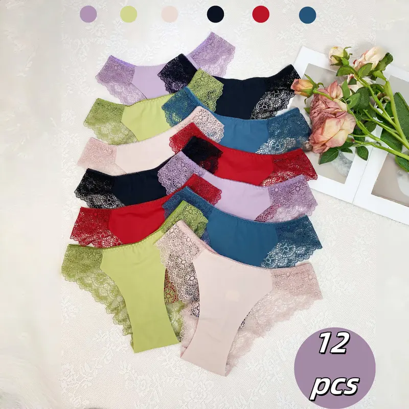 Women's Lace 12pcs Underwear - Soft Fabric, Seamless Designs (Plain, Floral), Bikini, Hipster & Full Brief Cuts, Minimalist, Bridal Lingerie Fit (Grey, Black, Pink, Red)