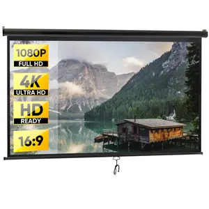 SuperDeal 100" Diagonal 16:9 Projection Screen HD Manual Pull Down Home Theater Accessories Metal Frame Audio Black 4K Ready