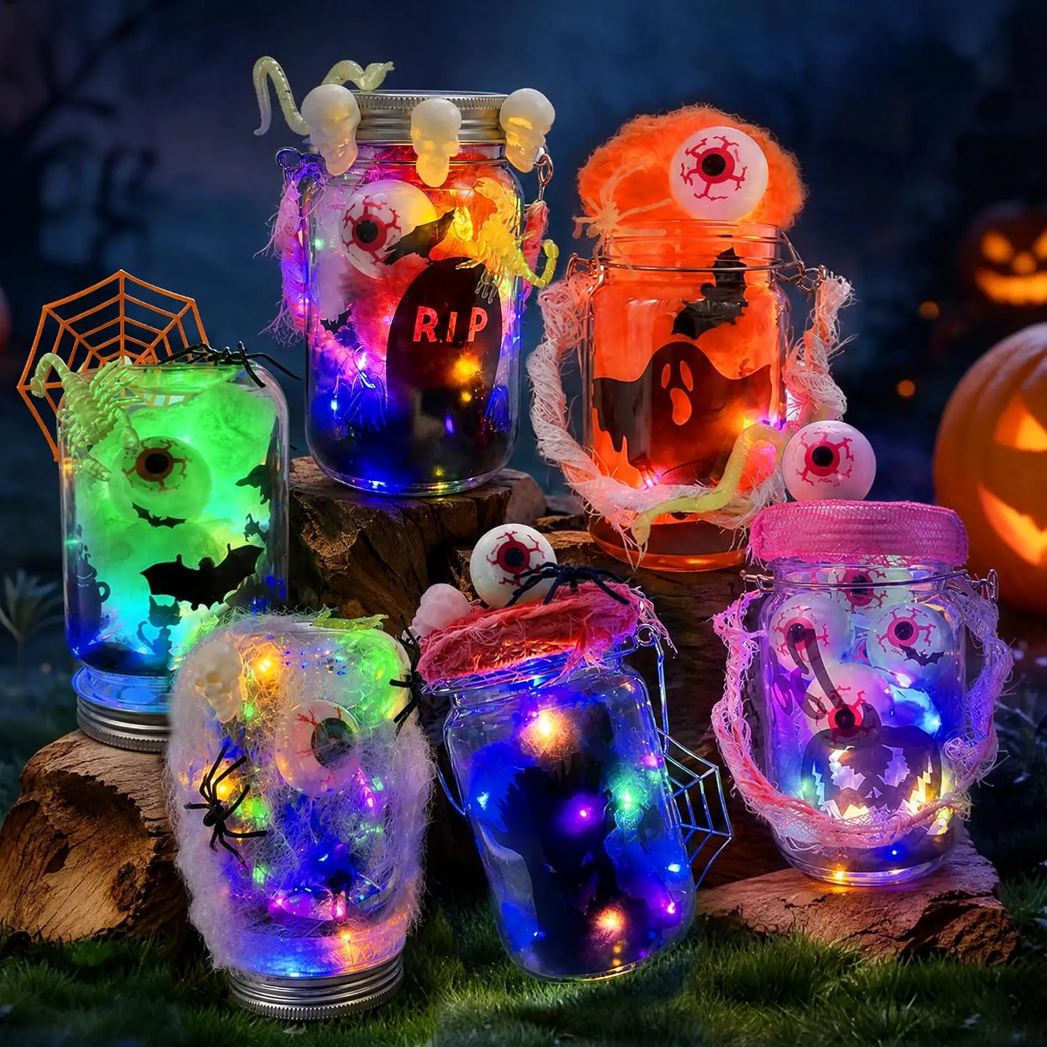Halloween Fall Gift 6 Pack for Kids Lantern Halloween Gifts Activities Toys , DIY Mason Jar with Accessories Bulk Art Supplies for Girls Boys Adults