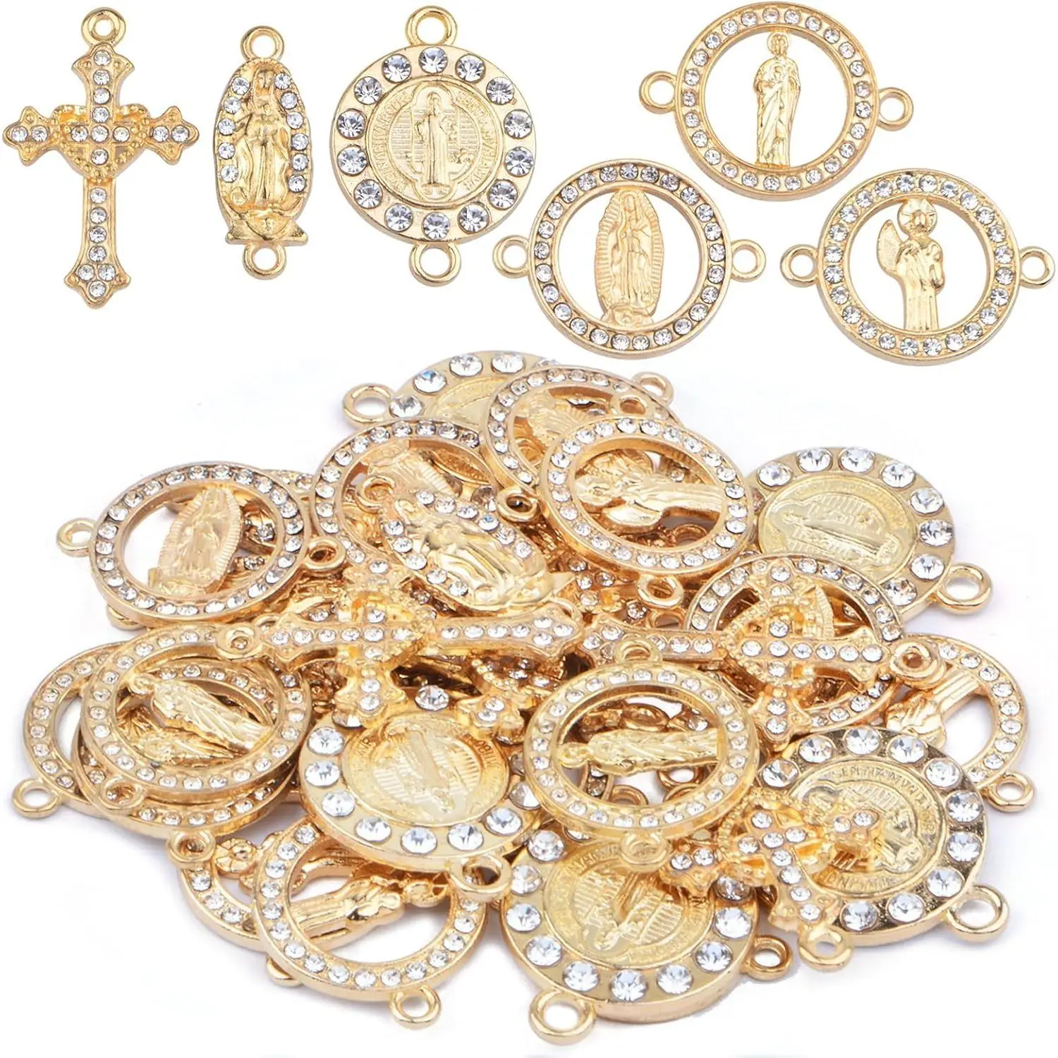 30pcs Golden Alloy Mixed Rhinestone Religious Cross and Center Miraculous Medal Charms Our Lady Virgin Mary Jesus Pendant Links for DIY Rosary Beads Necklace Jewelry Making, 6 Styles