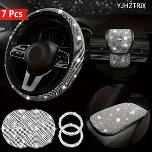 Women-Specific 7-Piece Car Interior Set: Sparkly Rhinestone Steering Wheel Cover, Mudguard Cover, Ignition Ring, Plus Cup Pads & Armrest Box Pad – Car Decoration with Easy Installation