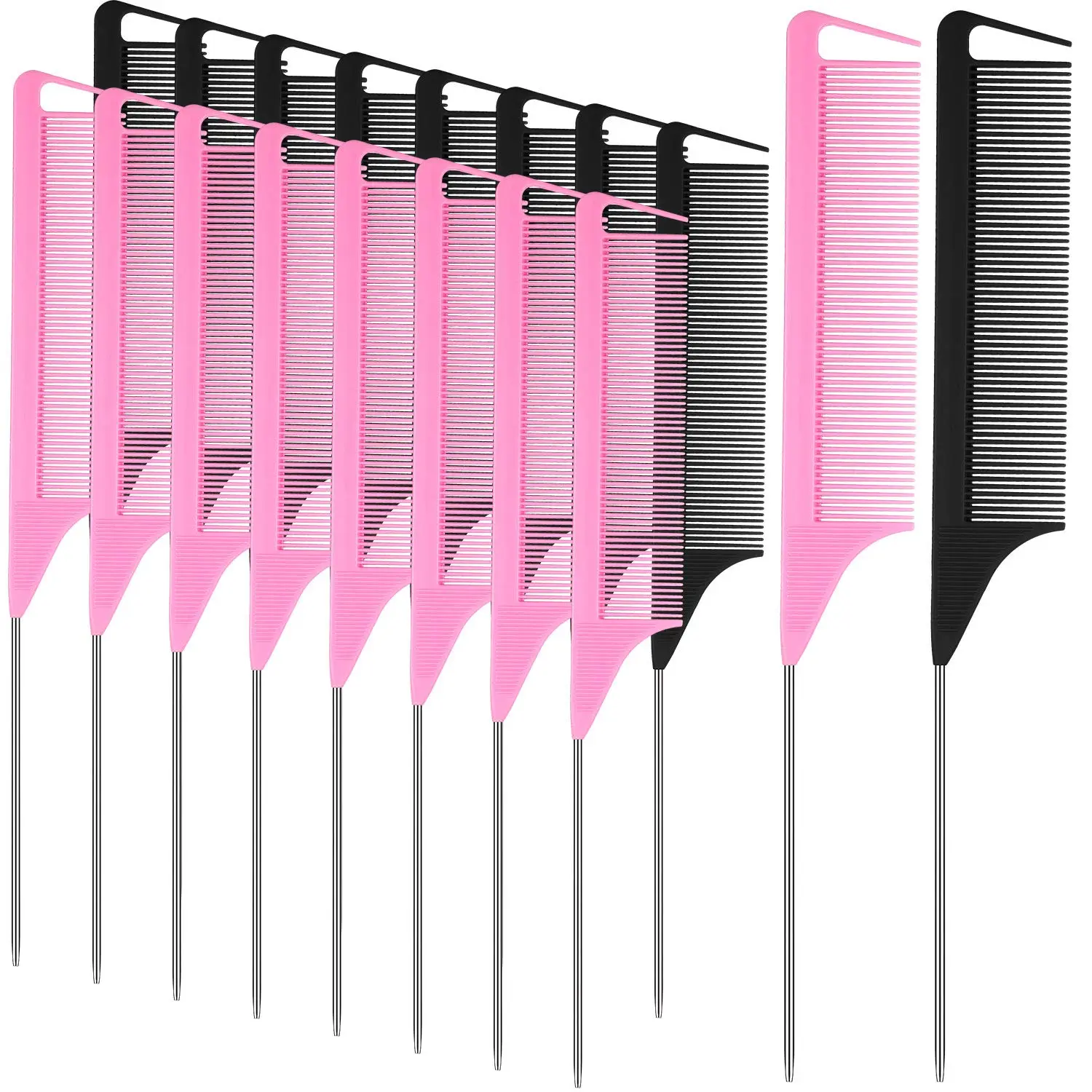 18 Pack Rat Tail Parting Combs, Anti-Static Heat-Resistant Teasing Combs for Fine Hair, Non-Slip Grip Styling & Braiding Tools - Black & Pink