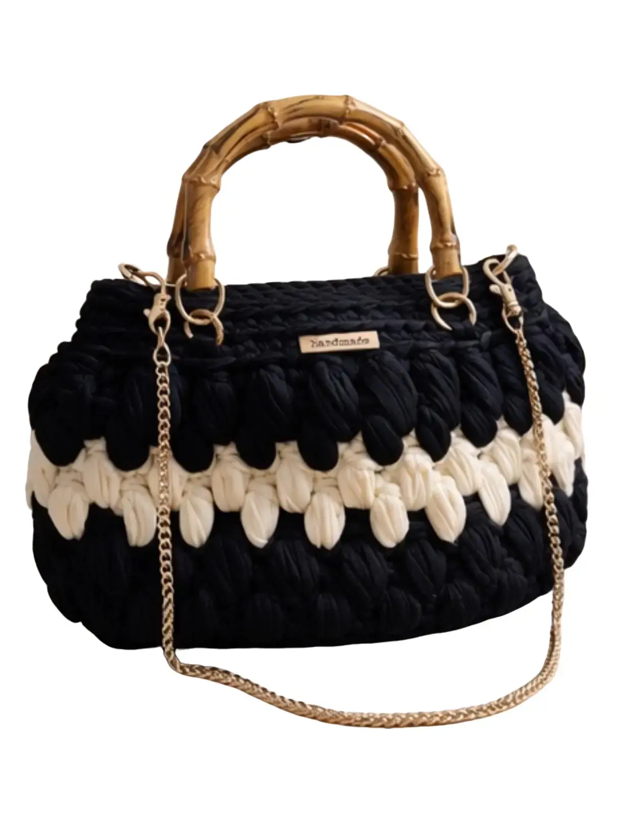 Bambou Noir – The Noir Collection | Handmade Black & Cream Crochet Bag with Bamboo Handle