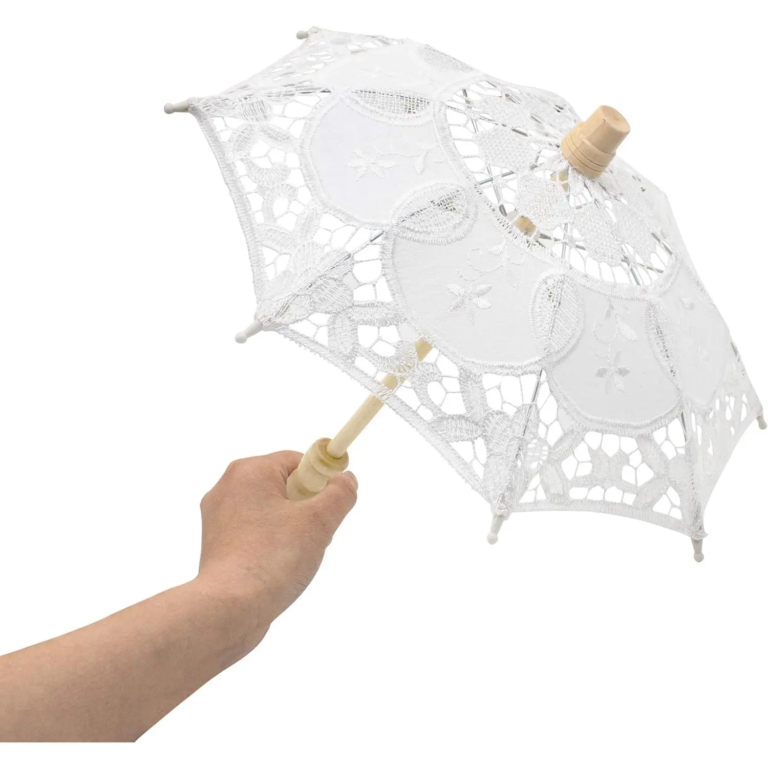 Vintage Lace & Wood-Handle Umbrella - 12x14in Small Handmade Bride's White Parasol, Photo Prop for Wedding Decor & Party