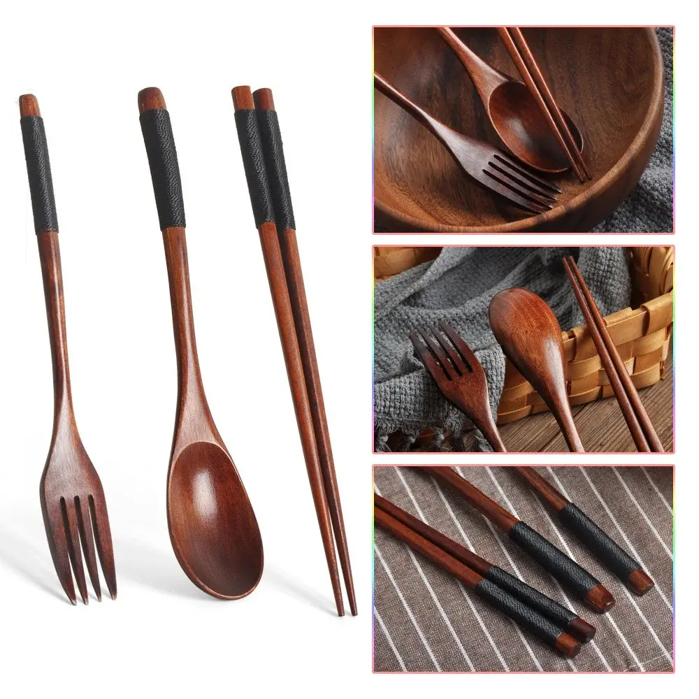 18-Piece Wooden Tableware Set with Cutlery, Wooden Spoons, Chopsticks & Forks - Handmade Kitchen Utensils for Festive Gatherings & Lunch Packing, Wooden Spoon