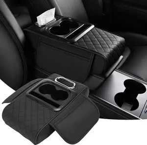 Supin Car Armrest Cushion - Multifunctional Faux Leather Armrest Cushion with Cup Holder, Phone Storage, and Ergonomic Design for All Seasons (BLack)