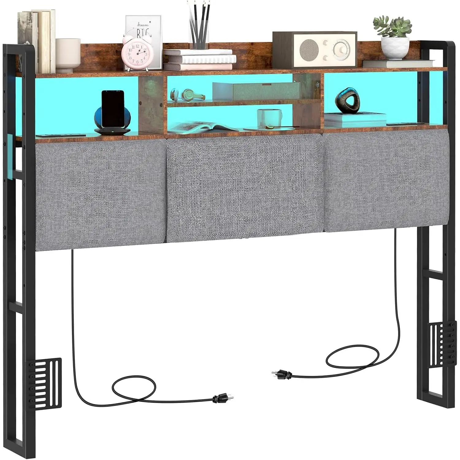 Headboard for Full Size Bed with  Station and LED Light, Full Bed Upholstered  Board with Storage Shelves, Full Size Headboard with Power Outlets, Height Adjustable, Brown