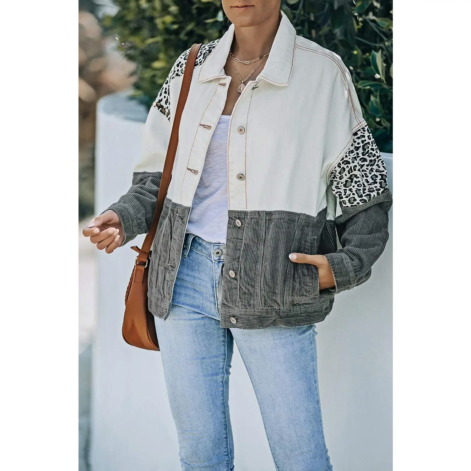 Leopard Color Block Button-Up Corduroy Shacket