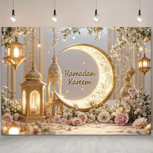 Ramadan Theme Backdrop, 1-Count Elegant Moon & Lantern Pattern Wall Hanging Backdrop, Party Flowers Decoration for Home Living Room and Bedroom
