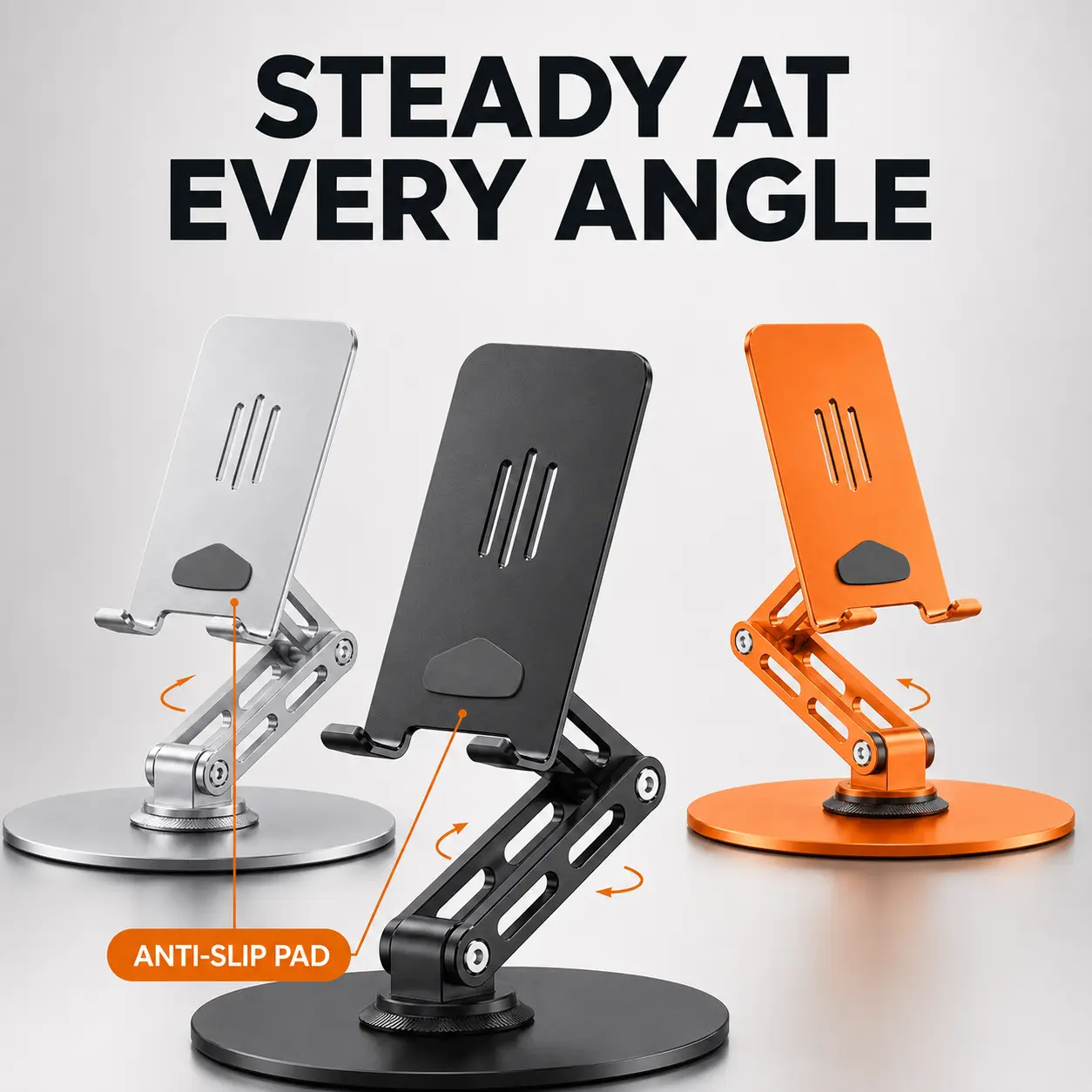 Metal Phone Stand, 360° Rotating Dual-Hinge Desktop Holder with Anti-Slip Pad for Hands-Free Viewing Cellphone Smartphone Mount Folding
